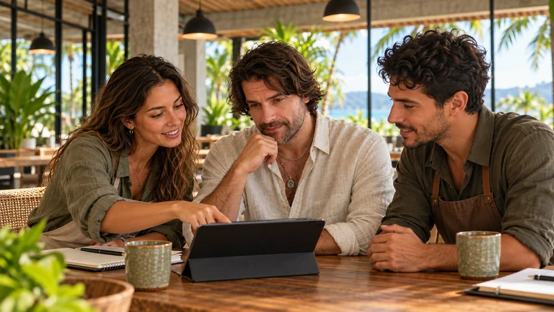 Bart en twee medewerkers van een restaurant gaan een ops-app door op een tablet